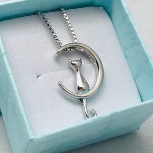Cat and Moon Silver 925 Pendant Necklace